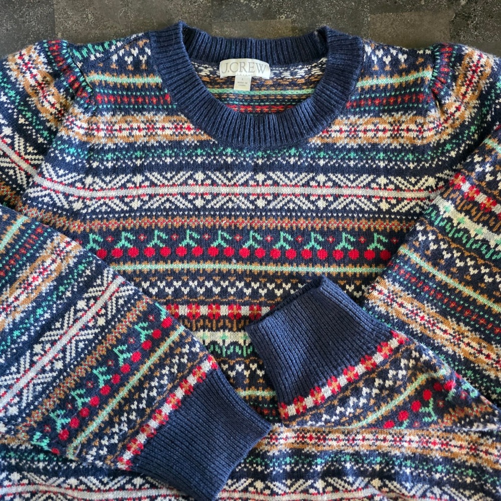 J.Crew Cherry Fair Isle Puff Sleeve Lambswool Blend Sweater Large Cottagecore